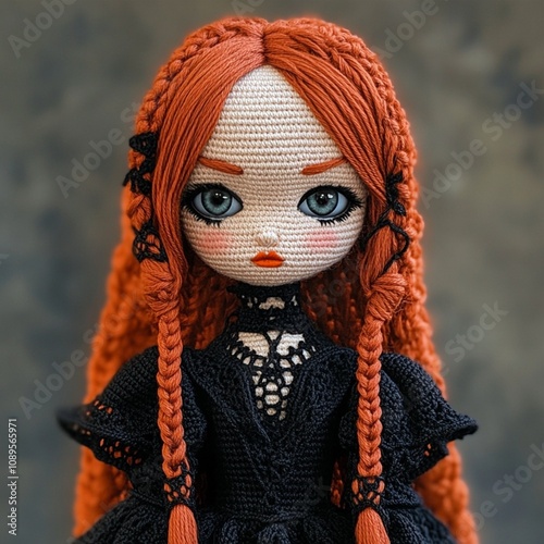 Nice halloween gothic girl witch doll crocheted made of yarn wool beautiful holiday picture handmade decor design art creative craft photo