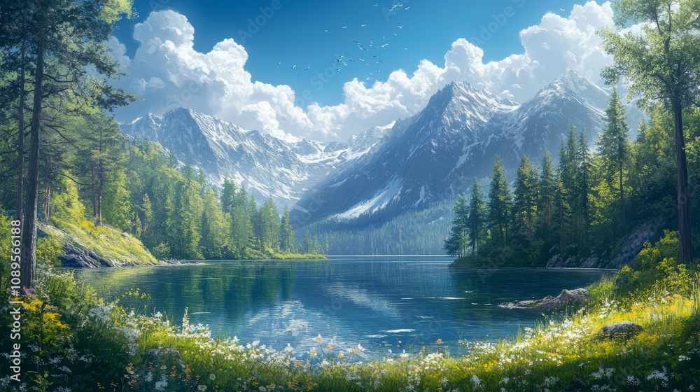 Fototapeta premium Serene Mountain Lake With Lush Green Forest And Birds