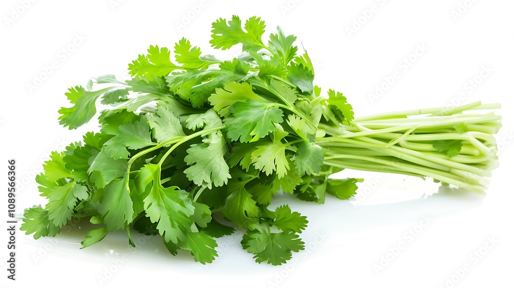 A bunch of fresh cilantro, commonly used as a herb in various cuisines for flavoring dishes. A bunch of fresh cilantro, commonly used as a herb in various cuisines for flavoring dishes.