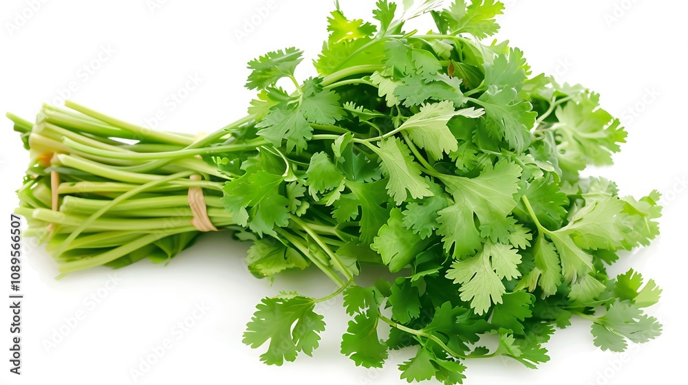 A fresh bunch of cilantro, commonly used as a culinary herb for flavoring dishes. A fresh bunch of cilantro, commonly used as a culinary herb for flavoring dishes.