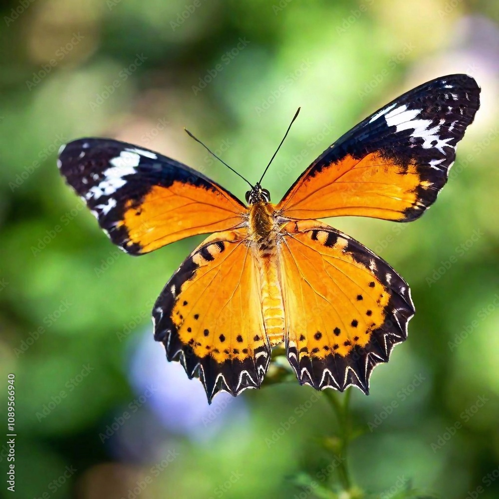 A macro photo of a butterfly with iridescent wings catching the light, soft focus creating a gentle blur of colors in the background, low angle shot that highlights the shimmering scales and the delic
