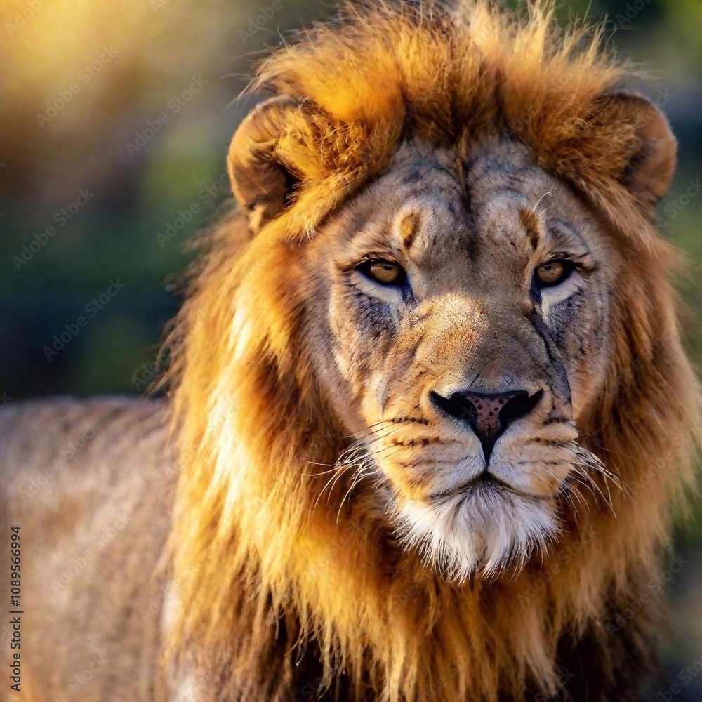 Naklejka premium A close-up photo of a lion with sunlight catching its mane, deep focus on its calm expression and the golden light reflecting in its eyes, eye-level shot portraying a serene and majestic mood