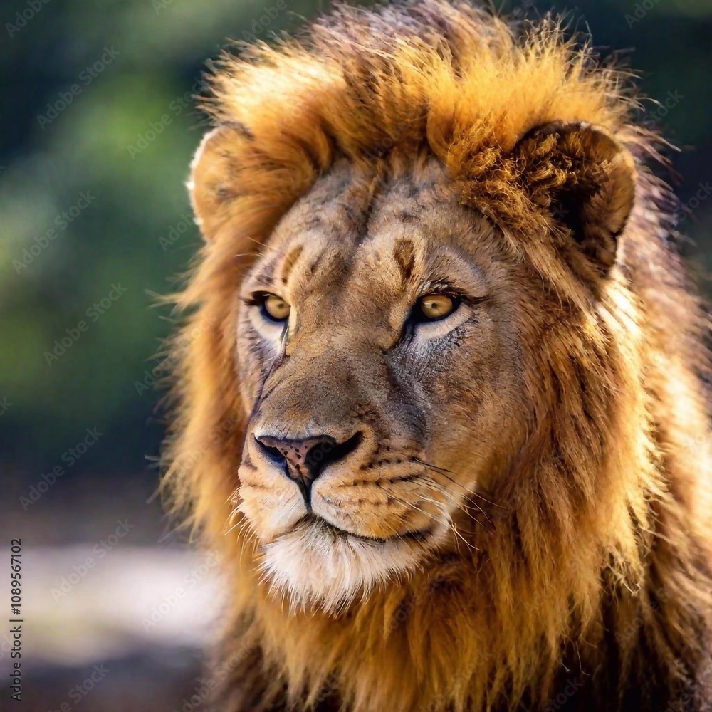 A close-up photo of a lion with sunlight catching its mane, deep focus on its calm expression and the golden light reflecting in its eyes, eye-level shot portraying a serene and majestic mood A close-up photo of a lion with sunlight catching its mane, deep focus on its calm expression and the golden light reflecting in its eyes, eye-level shot portraying a serene and majestic mood