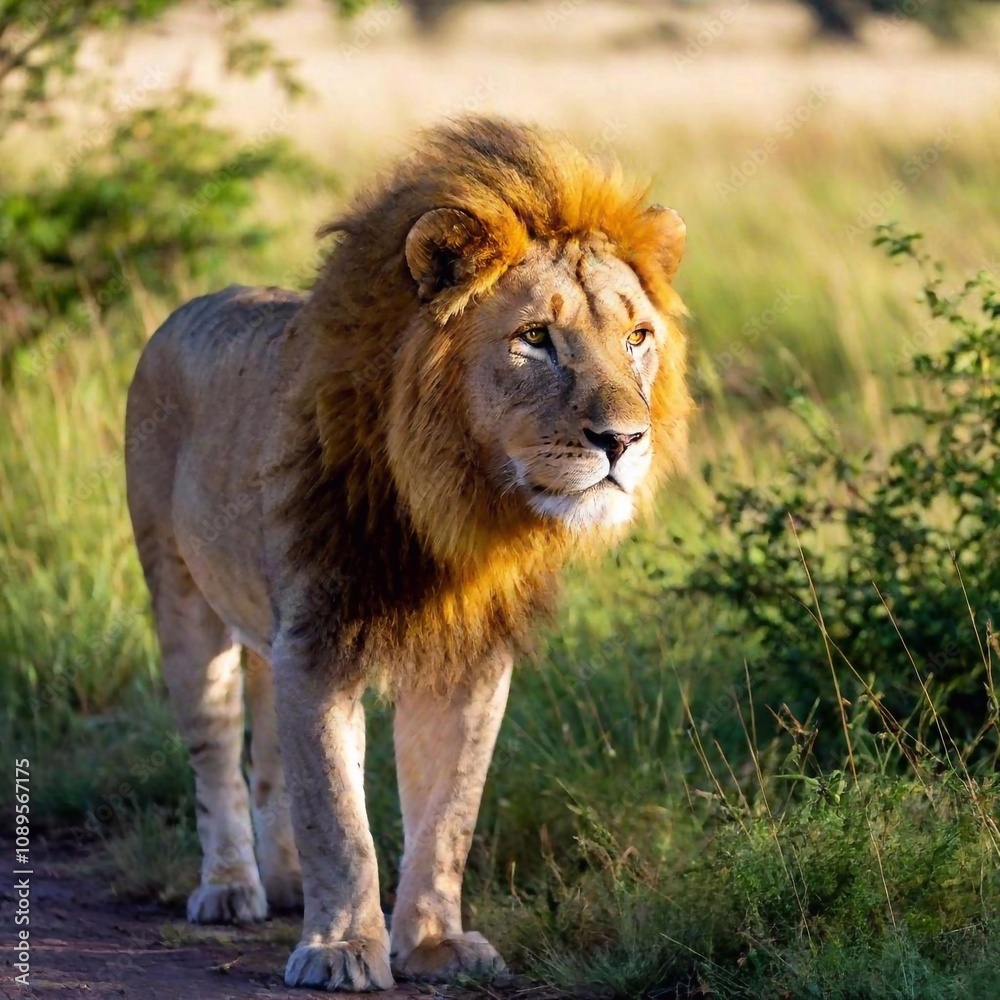 A macro photo of a lion standing majestically in the savanna, deep focus capturing the texture of its fur and the powerful muscles beneath, high-angle shot showing its full body against a background o A macro photo of a lion standing majestically in the savanna, deep focus capturing the texture of its fur and the powerful muscles beneath, high-angle shot showing its full body against a background o