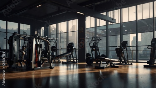 Modern gym with large windows overlooking a cityscape, filled with exercise equipment.