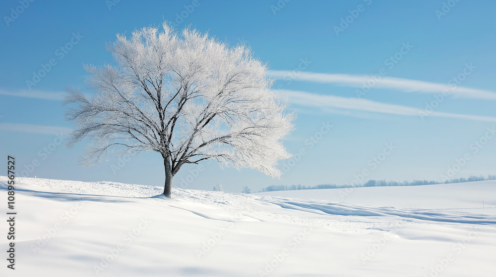 Wallpaper with solitary frosted tree in a vast snowy field under a bright blue sky with soft clouds on a crisp winter day Wallpaper with solitary frosted tree in a vast snowy field under a bright blue sky with soft clouds on a crisp winter day