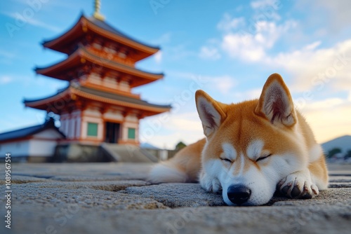 Akita Inu dog curled up beside a cozy fireplace in a traditional Japanese home photo