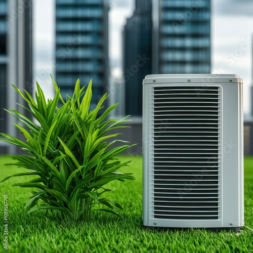 Green infrastructure concepts for geothermal energy. Air conditioner unit next to a green plant on grassy surface in an urban setting. photo