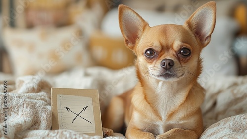 Adorable chihuahua sitting on a bed with a cute expression photo