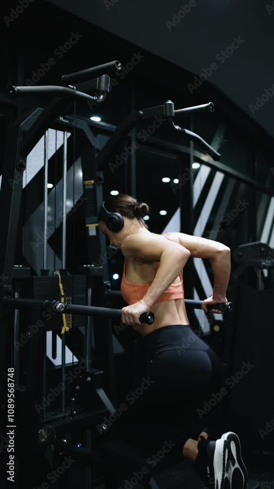 Side view of Fitness woman working out in gym doing exercise for biceps. Athletic girl training. Woman on rowing machine for health, wellness, body. Multi station at gym for arm, shoulders muscles. Side view of Fitness woman working out in gym doing exercise for biceps. Athletic girl training. Woman on rowing machine for health, wellness, body. Multi station at gym for arm, shoulders muscles.