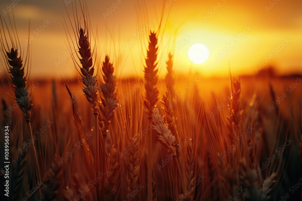 A serene landscape featuring a golden wheat field at sunset A serene landscape featuring a golden wheat field at sunset
