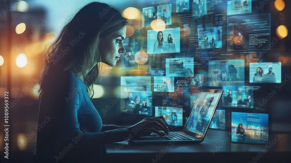 A professional woman working from home, using a laptop with multiple virtual meeting A professional woman working from home, using a laptop with multiple virtual meeting