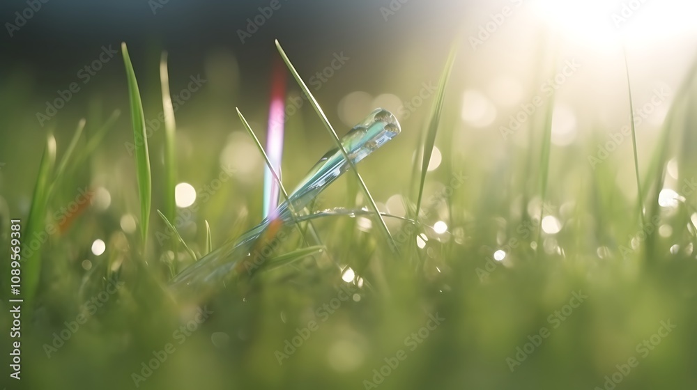Glass Fragment Rests In Dewy Morning Grass Glass Fragment Rests In Dewy Morning Grass
