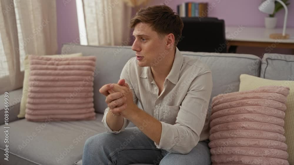 Young man sitting on a gray sofa with pink pillows in a cozy living room, contemplating and relaxed, showcasing a serene indoor home setting with natural light and soft colors Young man sitting on a gray sofa with pink pillows in a cozy living room, contemplating and relaxed, showcasing a serene indoor home setting with natural light and soft colors