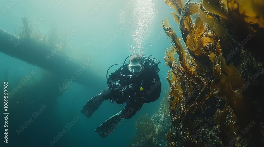 Solo underwater welder in heavy-duty diving gear, performing maintenance on a submerged bridge support beam, Solo underwater welder in heavy-duty diving gear, performing maintenance on a submerged bridge support beam,