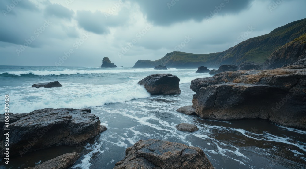 Moody rocky coastline under cloudy skies Moody rocky coastline under cloudy skies