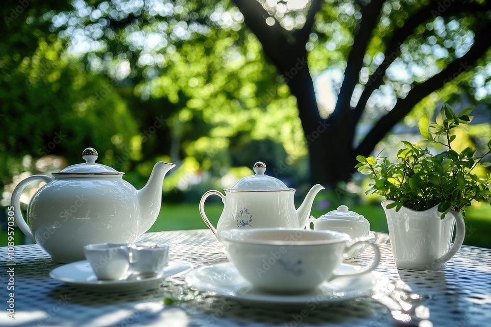 A table setting featuring a white tea pot, cup, and saucer A table setting featuring a white tea pot, cup, and saucer