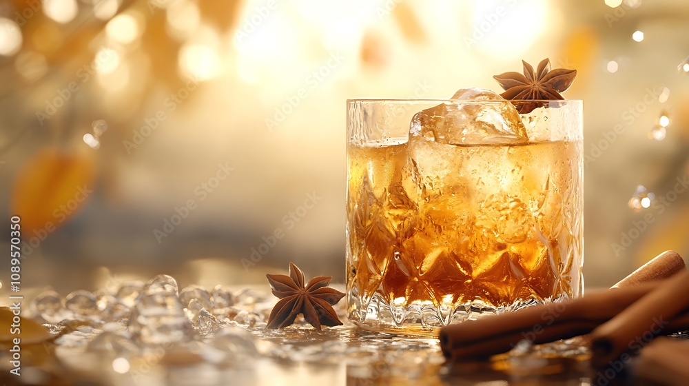 A spiced liqueur served over ice in a glass, with visible condensation, and surrounded by spices like cinnamon sticks and star anise, creating a warm,