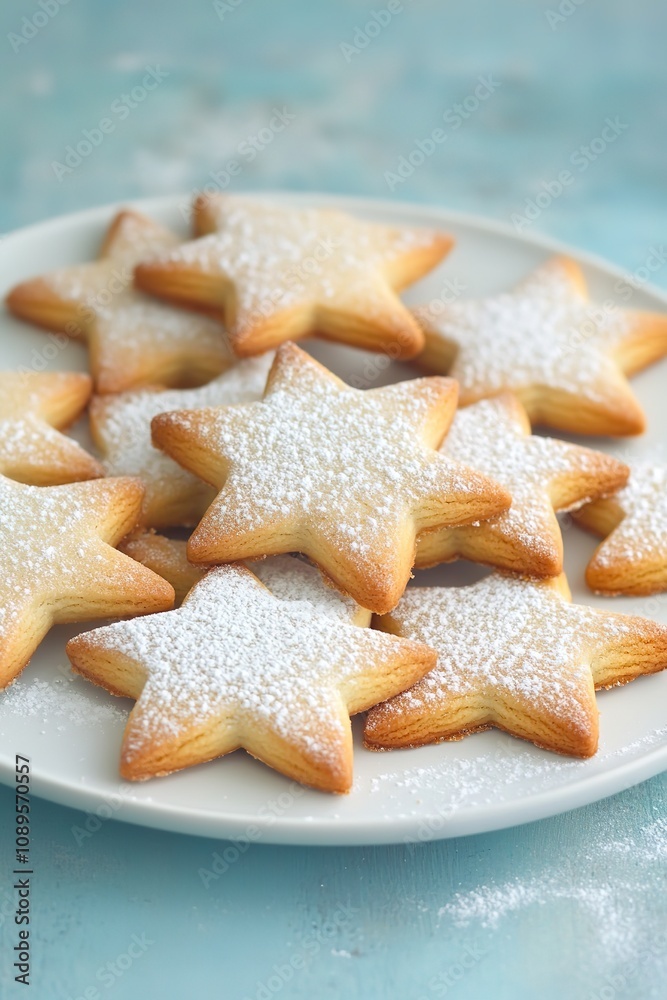Star-shaped cookies dusted with powdered sugar on plate Star-shaped cookies dusted with powdered sugar on plate