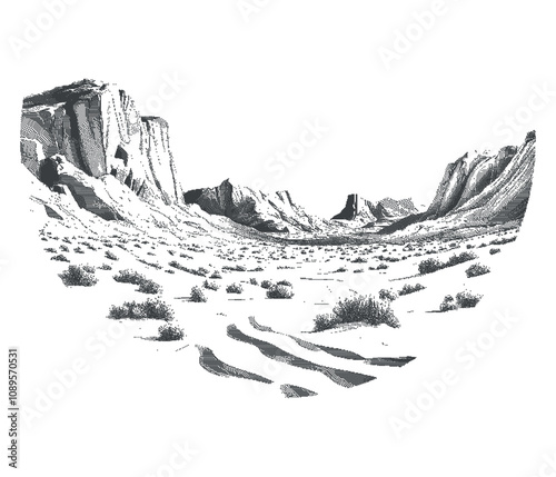 Landscape desert halftone t-shirt print. Retro monochrome vector graphics with photocopy texture. Contemporary abstract poster.