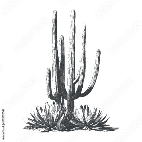 Retro photocopy cactus for t-shirt print. Halftone poster. Concept of Wild West. Arizona desert monochrome vector graphics. Contemporary illustration with dotted texture.

