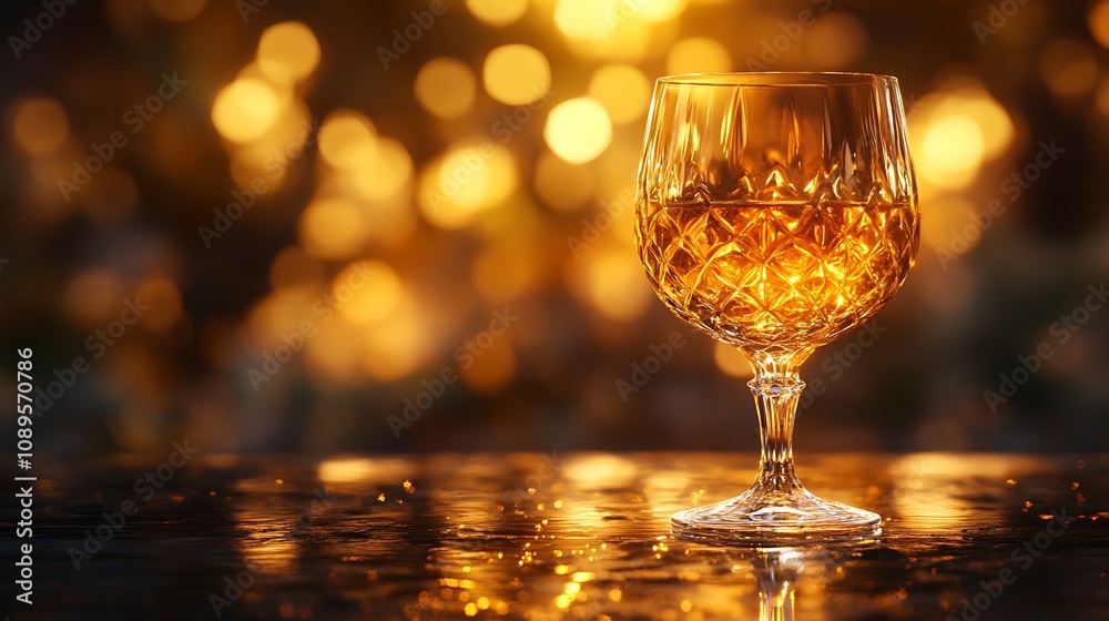 A stylish, high-detail shot of a crystal glass filled with golden liqueur, the warm light casting reflections on the glass surface, set on a dark wooden table with a soft, blurred background, A stylish, high-detail shot of a crystal glass filled with golden liqueur, the warm light casting reflections on the glass surface, set on a dark wooden table with a soft, blurred background,