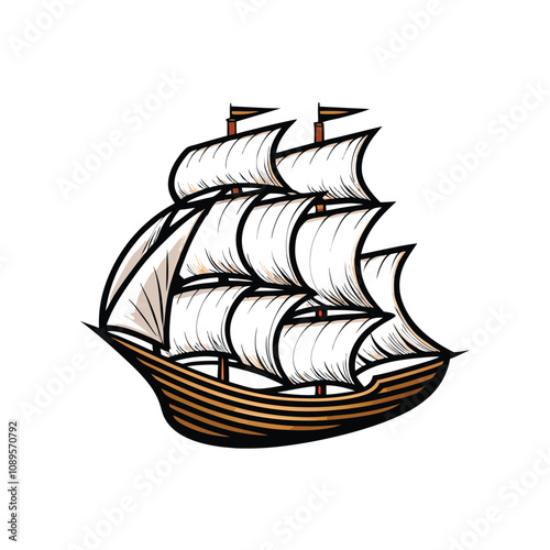 Create a highly detailed, editable stroke vector illustration of a classic sailing ship, showcasing intricate rigging and sails.  Include realistic textures.