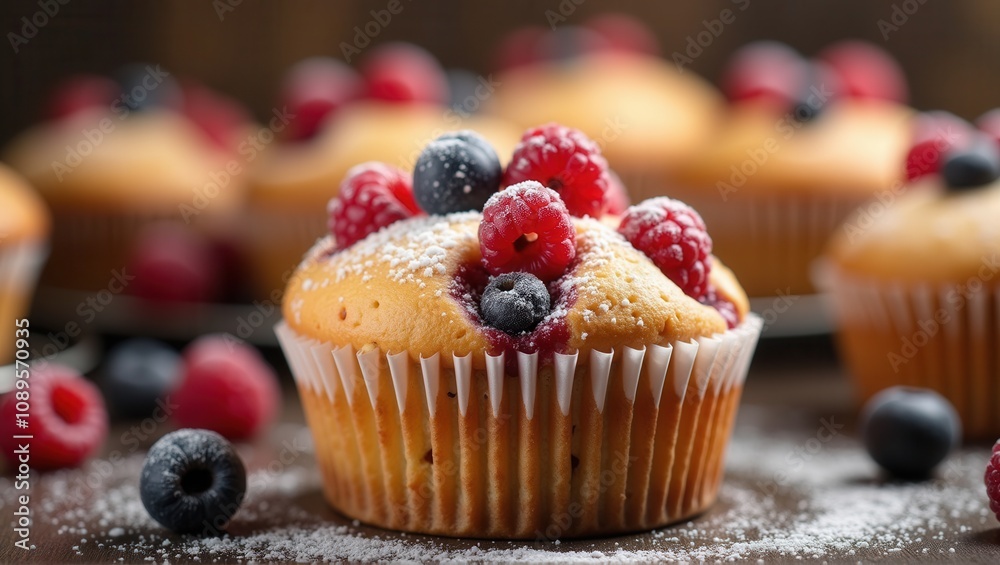 Freshly baked muffins with raspberries on top, dusted with powdered sugar, on a wooden board, close-up, appetizing. Generative, AI,
Freshly baked muffins with raspberries on top, dusted with powdered sugar, on a wooden board, close-up, appetizing. Generative, AI,