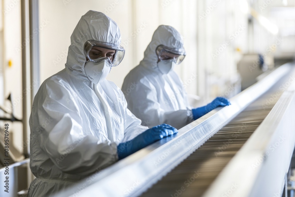 Two workers wearing protective gear work together on a conveyor belt, performing tasks in an industrial setting Two workers wearing protective gear work together on a conveyor belt, performing tasks in an industrial setting