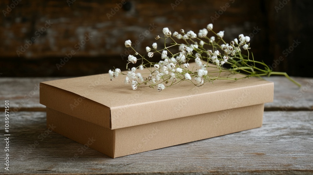 Fototapeta premium Brown kraft gift box with gypsophila flower detail, on a natural wooden table, generative ai