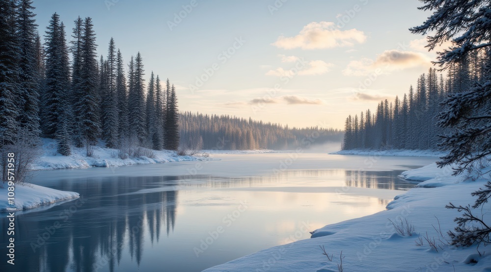 Serene winter landscape with frozen river Serene winter landscape with frozen river