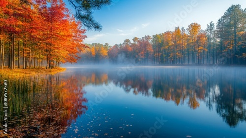 Wallpaper Mural Autumnal Reflections On Calm Lake With Foggy Trees Torontodigital.ca