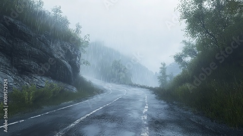 Winding Road Through a Foggy Valley During a Rainstorm with Low-Hanging Clouds