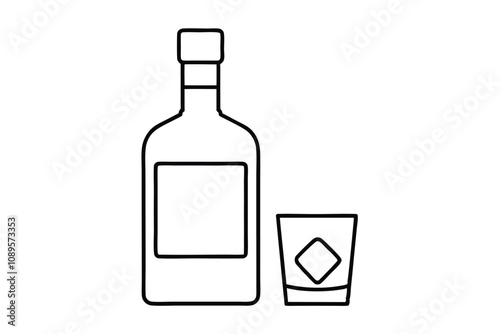 Bottle and glass of whiskey with ice line art vector illustration