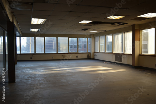 Empty open plan office space with city view and natural light, awaiting renovation.