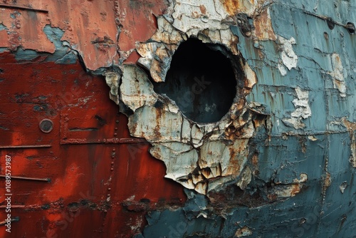 Corroded metal surface showing rust and decaying paint on ship hull