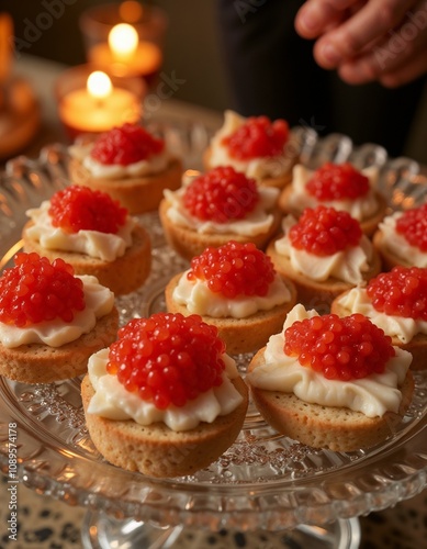 Elegant appetizers with red caviar and creamy topping served on a decorative platter with candles photo