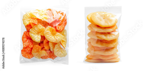 Colorful Dried Fruit Slices in Clear Bag on a Transparent Background photo