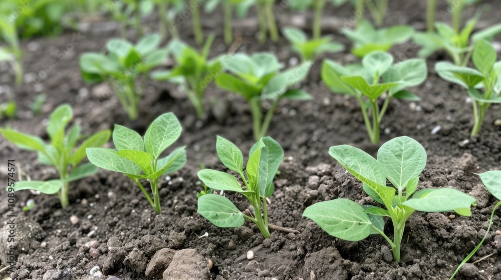 Small Soybean Plants Cultivating in a Row