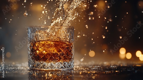 An action shot of dark liqueur being poured into a crystal glass, with the liquid splashing and droplets suspended in mid-air, set against a dark background with dramatic lighting,