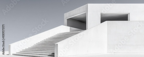 A minimalist architectural structure featuring white walls and a staircase, set against a clean, gray background.