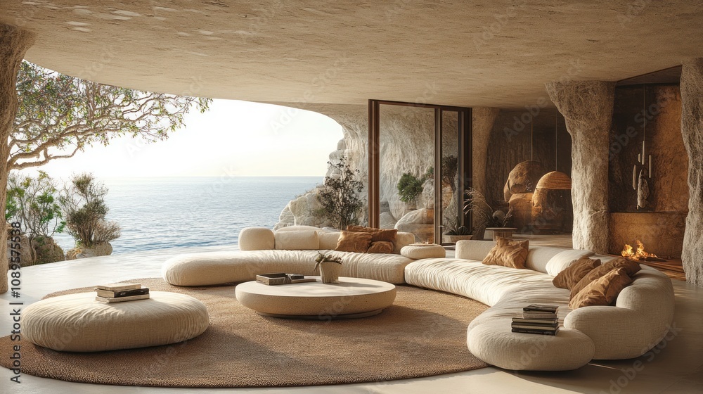 Fototapeta premium Here's a description and keywords for your image.. Luxurious coastal cave living room with curved sofa, ocean view.