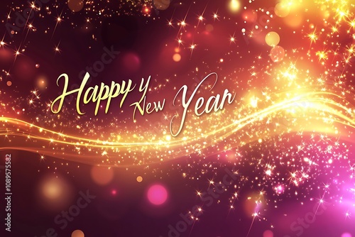 A festive background with sparkling lights and "Happy New Year" in elegant cursive.