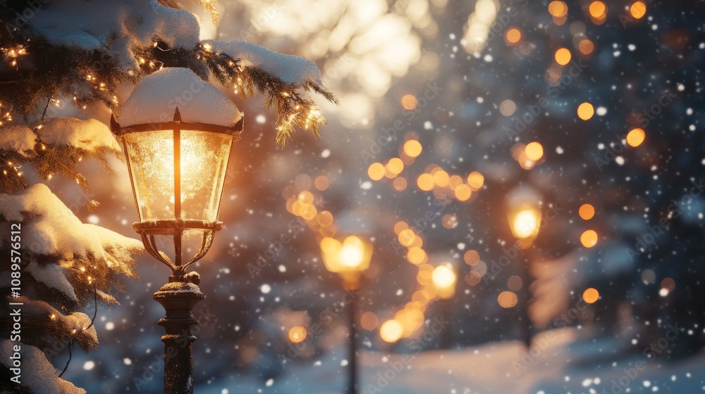 Snowy Winter Night Lamppost Lights Festive Scene Snowy Winter Night Lamppost Lights Festive Scene