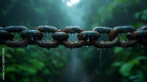 Rusty metal chain with water drops in a green natural background photo