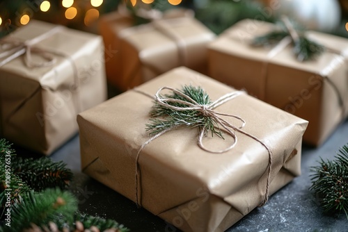 Handcrafted gifts wrapped in brown paper with festive decor