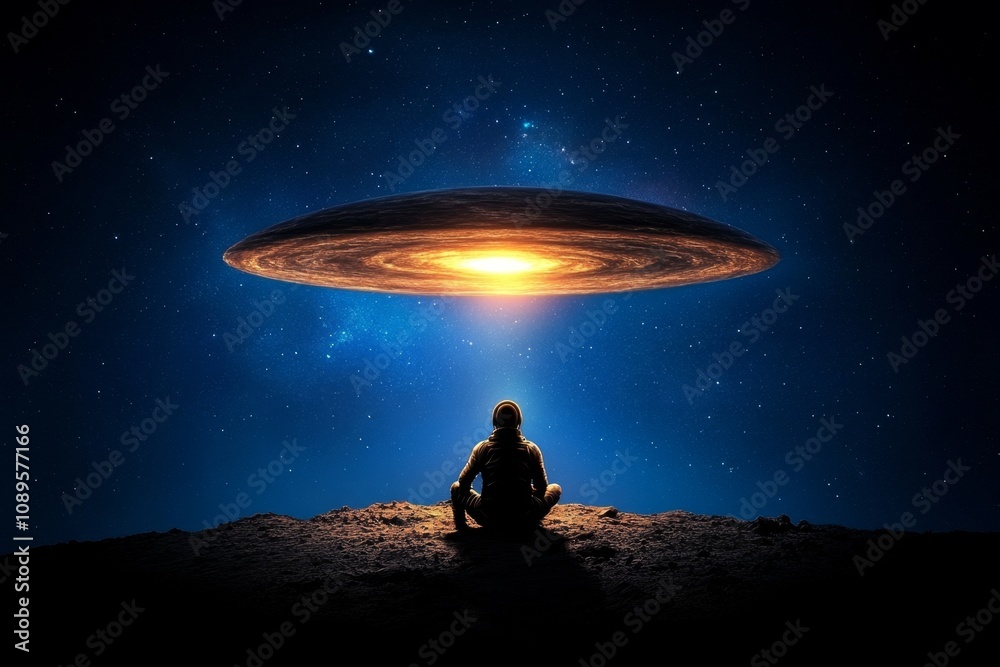 Alien meeting with a human astronaut on the surface of a barren planet under a sky filled with stars Alien meeting with a human astronaut on the surface of a barren planet under a sky filled with stars