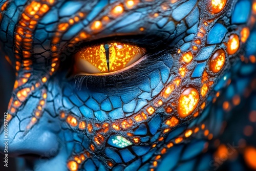 Alien in hyper-realistic detail, with intricate textures, glowing skin, and large reflective eyes filled with a galaxy-like pattern