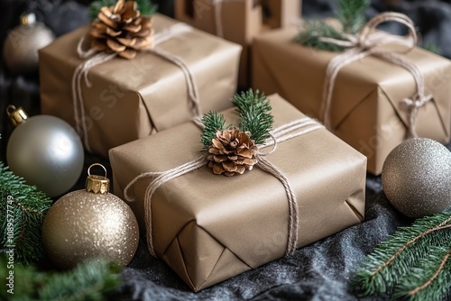 Wrapped gifts with golden hue, pine cones, and baubles.