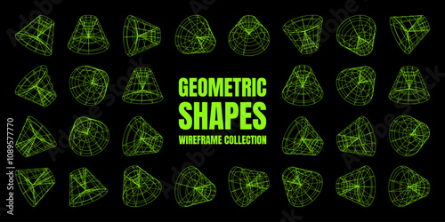 Wireframe lined shapes. Perspective mesh, 3d grid. Low poly geometric elements. Retro futuristic design elements, y2k, vaporwave and synthwave style. Vector illustration